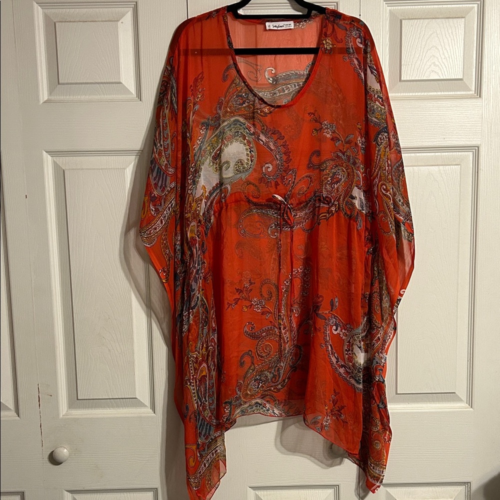 Salty Lemon Semi-Sheer Orange Floral Kaftan Cover-Up One Size Fits Most Cinched